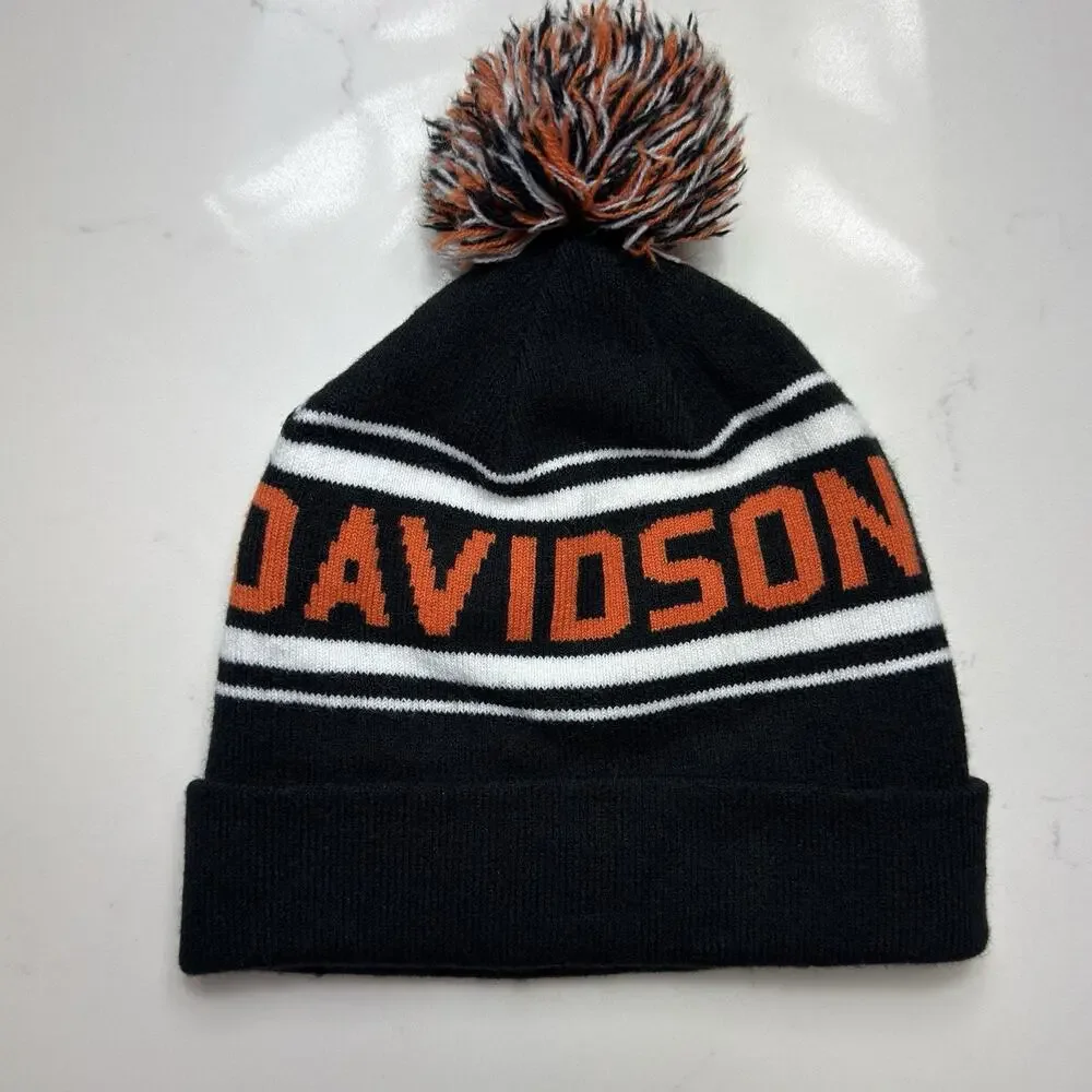 Harley Davidson Knit Beanie Hat Black Orange Spell Out Cuffed Winter Cap